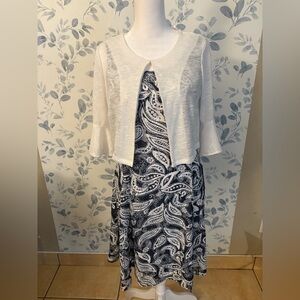 Perceptions Navy White Paisley Sleeveless Sheath Dress With Cardigan Small Petit